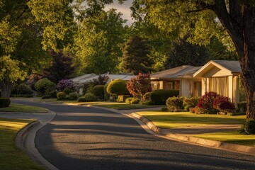 Sunlight Bathes Suburban Street At Sunset
