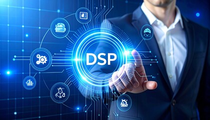 DSP Technology Interface – Digital Signal Processing Display with Graphs, Gears, and System Icons