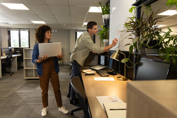 Collaborating Diverse coworkers writing ideas on whiteboard at open office, with laptop