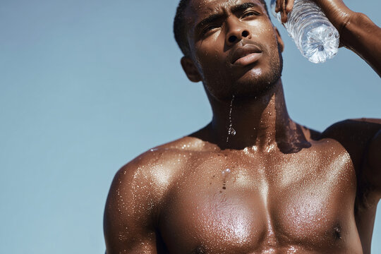 A man is sweating and drinking water - Powered by Adobe