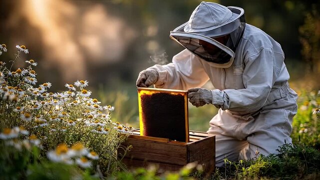 Beekeeper working with beehive outdoor