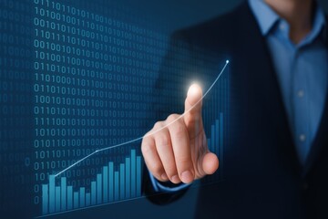 Businessman Interacting with Digital Data Visualization, Touching Graph and Binary Code in Modern Technology Environment