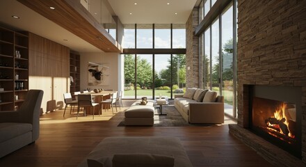 Elegant modern living room with stone fireplace and panoramic view of garden oasis