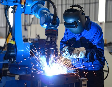 A welder uses a robotic arm for assistance while welding metal.  Sparks fly