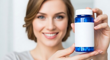 Smiling woman holding a bottle of blue pills with a blank white label mockup
