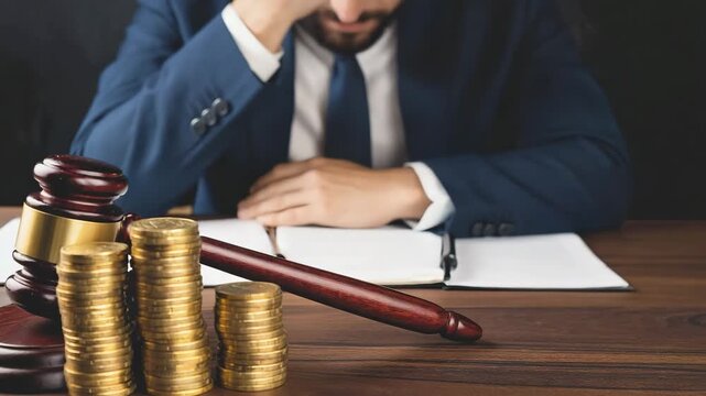 Legal action and financial implications concept with gavel and gold coins, lawyer in background