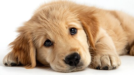 Cute Golden Retriever Puppy Lying Down Relaxing on White Background