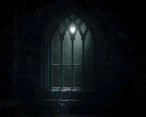Haunted Gothic Window with Pale Light and Cobwebs