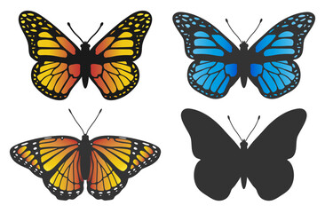 Monarch Butterfly silhouette icon symbol. Flying Butterfly moth logo sign design silhouette icon symbol. Flying Butterfly moth logo sign design. Vector illustration image. Isolated on white background