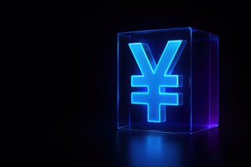 Obraz premium Neon Blue Symbol of Japanese Yen in a Transparent Cube with Dark Background for Financial and Currency Concepts