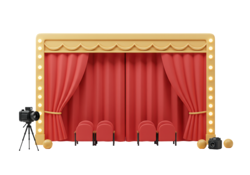 Isolated Theater Stage with Red Curtains and Seats