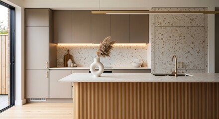 Modern minimalist kitchen in taupe cabinetry, terrazzo backsplash and fluted wood island, premium interior photography for upscale real estate showcases