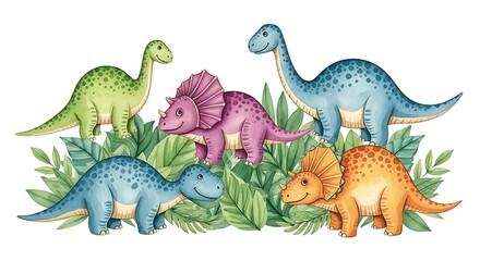 Delightful dinosaur gathering amidst lush foliage illustration for children's book