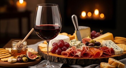 Elevated charcuterie display featuring a glass of red wine and gourmet accompaniments