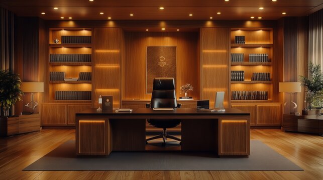 A luxurious executive office interior featuring a modern wooden desk, black leather chair, and custom cabinetry with warm ambient lighting.