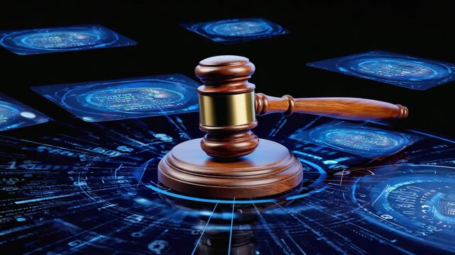 Futuristic courtroom gavel slamming down on digital law codes and AI justice system video