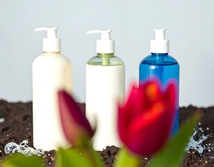 Three bottles of lotion or soap, in white, light blue, and dark blue, on dirt with a red tulip in the background