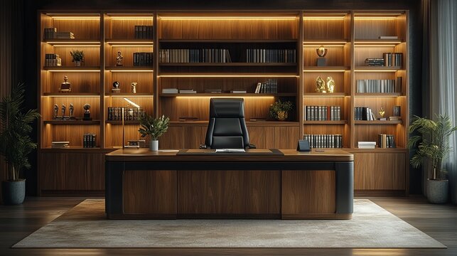 Luxurious executive office interior with a modern wooden desk, a black leather chair, and an expansive backlit bookcase creating a sophisticated mood. - Powered by Adobe