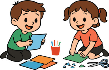 Happy little boy and girl doing crafts together on the floor at home, preschool kids having fun with paper and scissors
