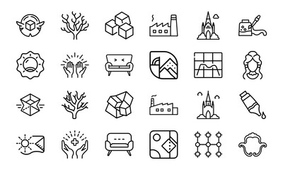 Fototapeta premium Collection of Minimal Line Art Icons Featuring Architecture, Nature, Furniture, Industry, 3D Shapes, and Artistic Elements for Creative Design Projects