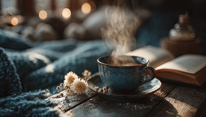 Cozy scene with steaming coffee cup, open book, and dried flowers on rustic wooden table