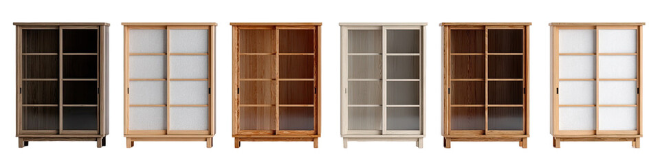 Multiple wooden display cabinets in various colors