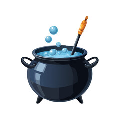 Magical cauldron with a bubbling blue potion and a wooden stirrer, isolated on white.