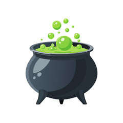 Witch's cauldron with a glowing green potion, isolated on white.
