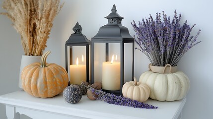 Autumn still life with pumpkins and a halloween pumpkin decoration for seasonal harvest atmosphere