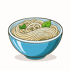 Cartoon Illustration of Noodle Bowl with Herb Garnish