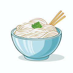 Cartoon Illustration of Noodle Bowl with Herb Garnish