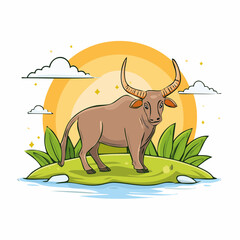 Cartoon Illustration of Buffalo Standing on Grass Island with Sunset Background
