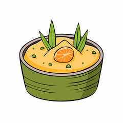 Cartoon Illustration of Curry Dish in Green Bowl with Herbs