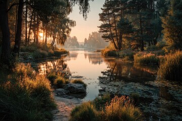 Obraz premium Serene Forest Lake at Sunrise with Golden Light and Reflections
