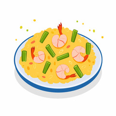 Cartoon Illustration of Shrimp Fried Rice with Lime Garnish