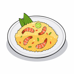 Cartoon Illustration of Shrimp Fried Rice with Lime Garnish