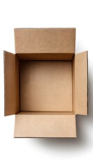 Empty open cardboard box, top-down view, isolated on white