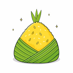 Cartoon Illustration of Traditional Sticky Rice Wrapped in Banana Leaf