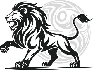 Fierce tribal lion tattoo vector design, black and white roaring lion silhouette, wild animal art illustration, powerful jungle beas