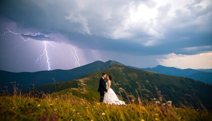 Couple in wedding attire on a mountaintop during a thunderstorm