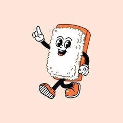 Cheerful Nigiri Sushi in Retro Vintage Mascot Character with gloved hand and foot, rubber hose cartoon style. Suitable for website, logo, infographics. Walk cheerfully and point upwards.