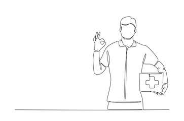volunteer carrying medical box for donations in continuous one line drawing. Single line art illustration of man hold medical cardboard.