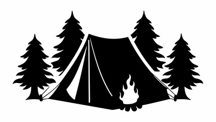 Fototapeta premium Camping scene with a tent surrounded by pine trees and a campfire in black and white silhouette style art