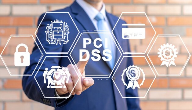 PCI DSS Security Interface – Payment Data Protection Display with Lock, Credit Card, and Compliance Icons