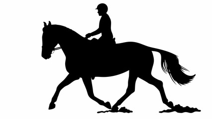 Silhouette of equestrian rider on horse performing dressage in black against a white background scene image
