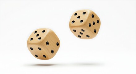 Two Wooden Dice Floating in Air on White Background.