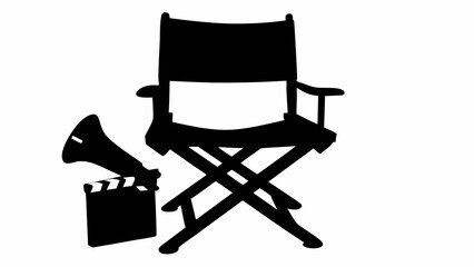 Fototapeta premium Silhouette of a director's chair with a megaphone and clapperboard representing film production scene