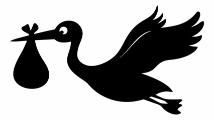 Fototapeta premium Silhouette of a stork flying with a baby in a bag with a bow on top of it against a white background