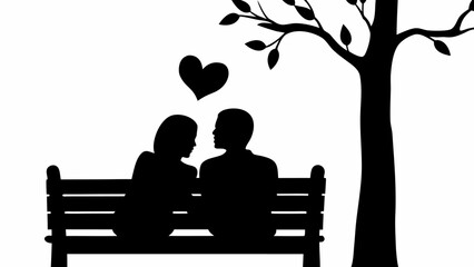 Silhouette of couple on bench under tree with heart above them in black and white illustration style
