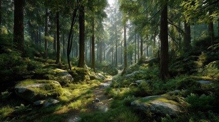 Obraz premium Lush Green Forest with Tall Trees and Mossy Rocks in Morning Light